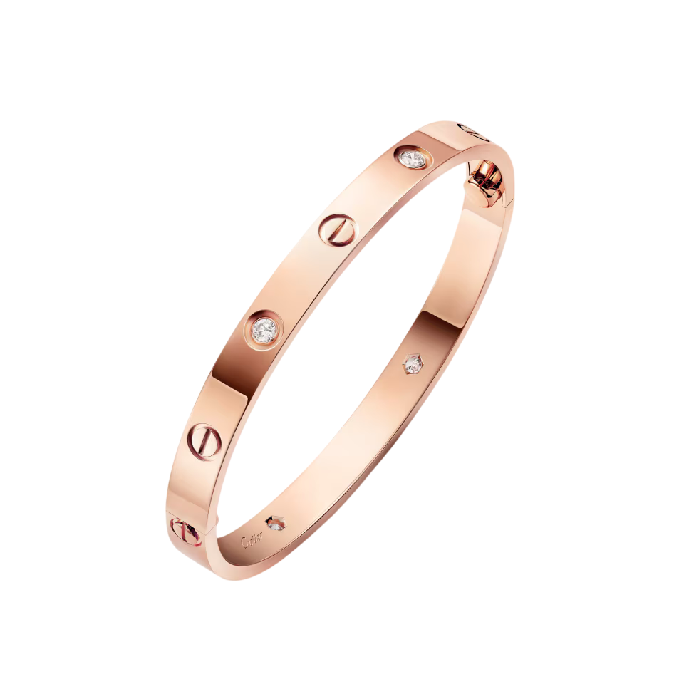 Rose-gold Cartier Love bracelet with screw motifs and diamond accents along the band