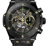 Hublot skeleton chronograph watch with a black case and gold accents, green details, visible inner mechanism, and a leather strap.