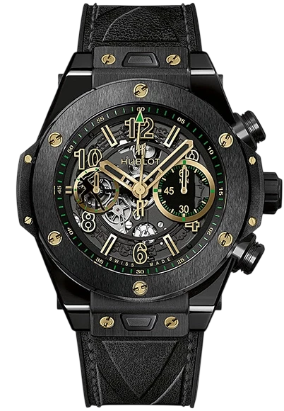 Hublot skeleton chronograph watch with a black case and gold accents, green details, visible inner mechanism, and a leather strap.