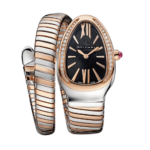 BVLGARI Serpenti wristwatch with rose gold and steel spiral bracelet, black dial, diamond-studded bezel.
