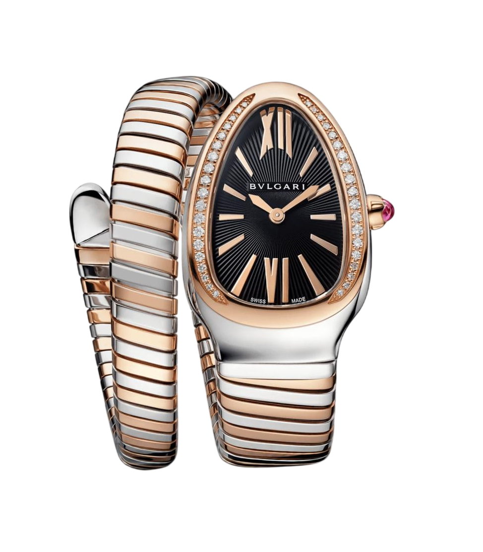 BVLGARI Serpenti wristwatch with rose gold and steel spiral bracelet, black dial, diamond-studded bezel.