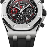 Audemars Piguet Royal Oak Offshore chronograph watch with a stainless steel case, black dial, and black rubber strap.
