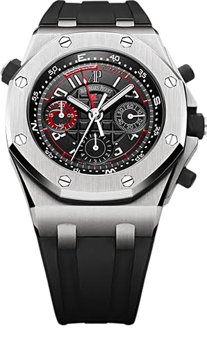 Audemars Piguet Royal Oak Offshore chronograph watch with a stainless steel case, black dial, and black rubber strap.