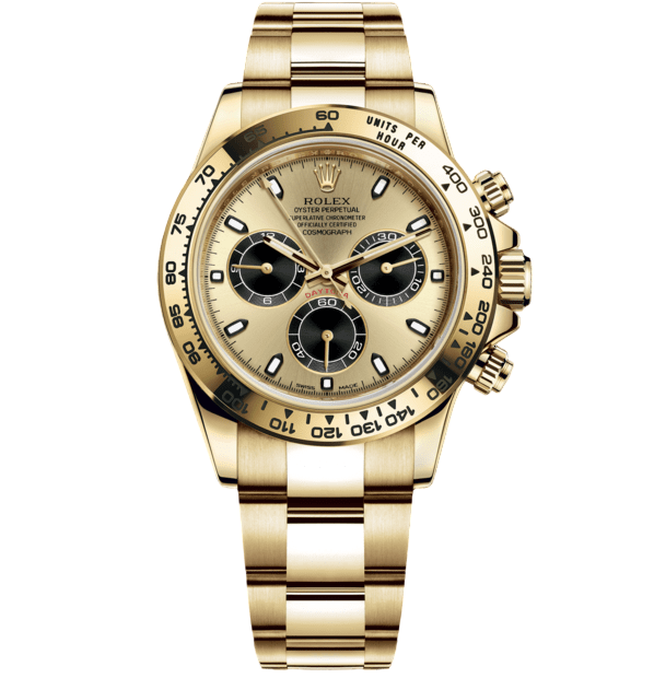 Gold Rolex Daytona wristwatch with champagne dial, black subdials, and tachymeter bezel on a gold bracelet.