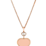 Rose-gold heart pendant necklace featuring a small white heart with a diamond, hanging from a matching chain.