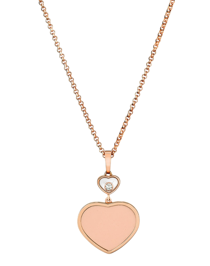 Rose-gold heart pendant necklace featuring a small white heart with a diamond, hanging from a matching chain.