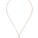 Delicate rose-gold chain necklace with a peach-pink enamel heart pendant framed in gold, laid flat on white.