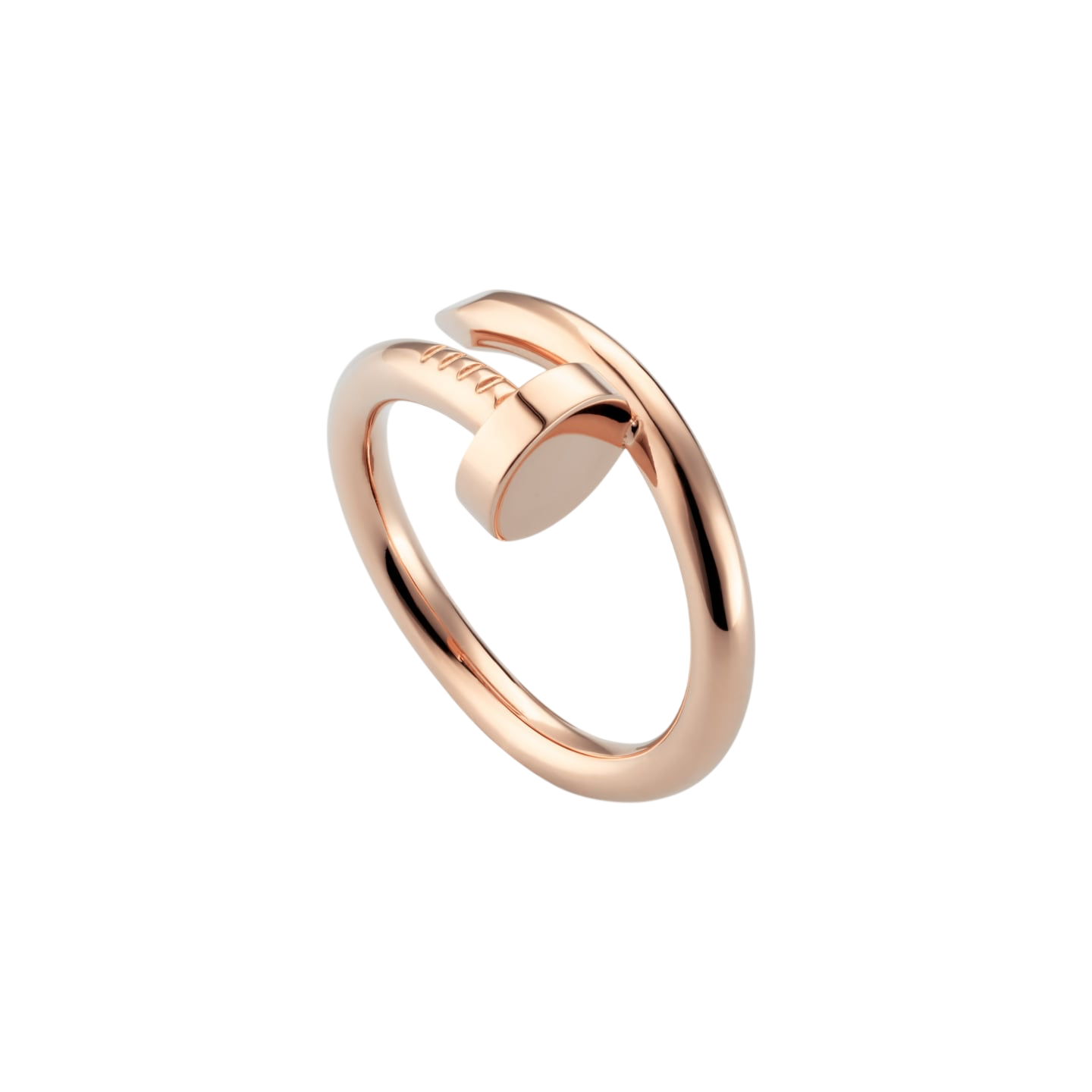 Rose gold open-ring with a thick curved band and a cylindrical clasp-like detail on a black background.