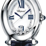 Chopard luxury wristwatch with white dial, blue Roman numerals, diamond accents, and a dark blue leather strap.