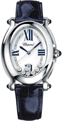 Chopard luxury wristwatch with white dial, blue Roman numerals, diamond accents, and a dark blue leather strap.
