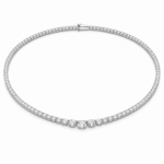 Diamond tennis necklace set in white metal, forming a graceful curved line with evenly spaced stones and a secure clasp at the top edge