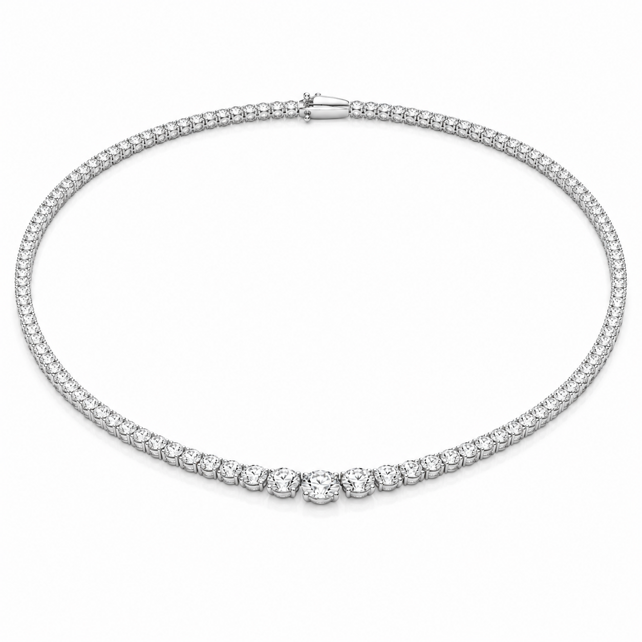 Diamond tennis necklace set in white metal, forming a graceful curved line with evenly spaced stones and a secure clasp at the top edge