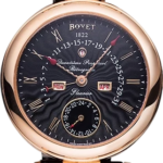 Rose-gold Bovet wristwatch with a black guilloché dial, Roman numerals, date/day/month windows, a moon phase subdial, and a black leather strap.
