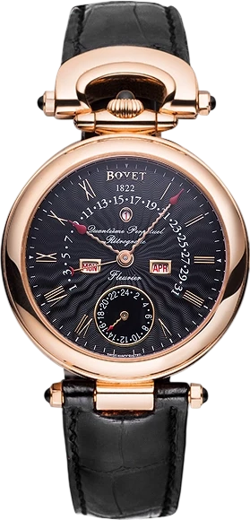 Rose-gold Bovet wristwatch with a black guilloché dial, Roman numerals, date/day/month windows, a moon phase subdial, and a black leather strap.