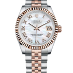 Rolex Datejust watch with a two-tone rose-gold and stainless steel bracelet, fluted bezel, and mother-of-pearl dial showing the date at 3 o'clock with Roman numerals.