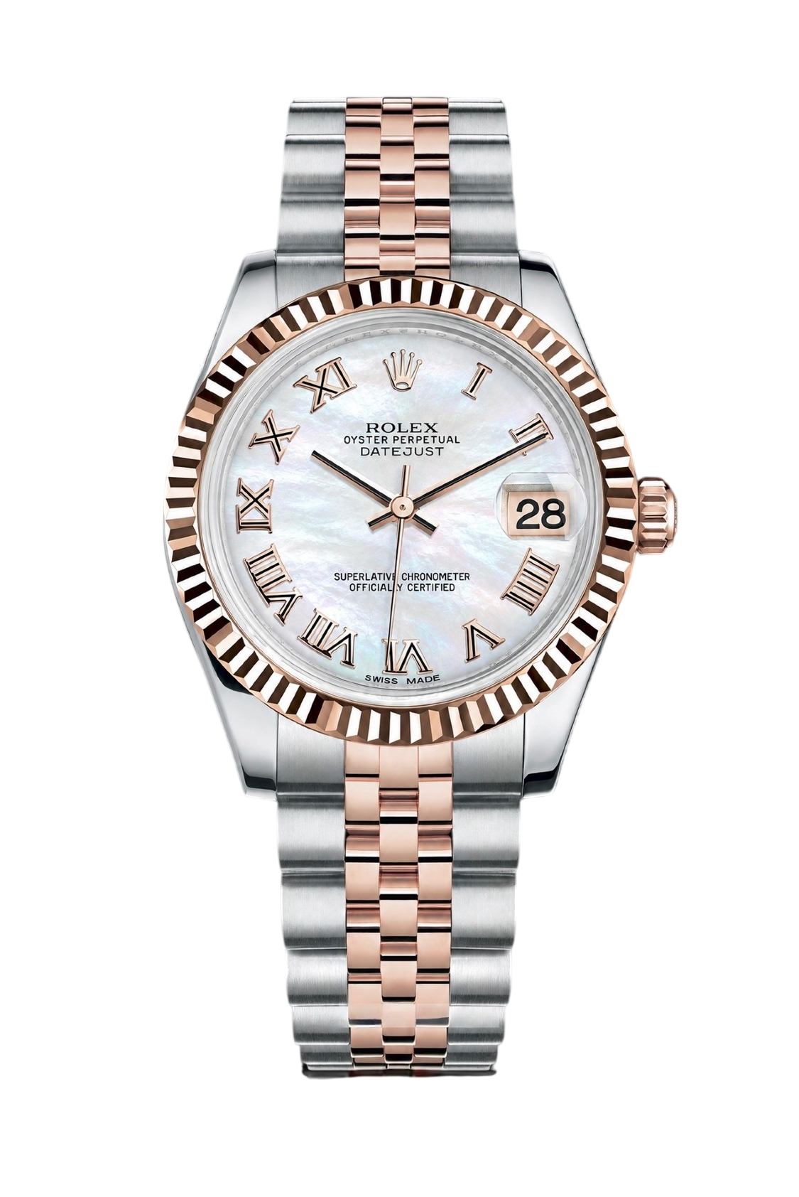 Rolex Datejust watch with a two-tone rose-gold and stainless steel bracelet, fluted bezel, and mother-of-pearl dial showing the date at 3 o'clock with Roman numerals.