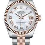 Two-tone Rolex Datejust wristwatch with a fluted rose-gold bezel, stainless steel and rose-gold bracelet, and a mother-of-pearl dial showing Roman numerals and a date window at 3.