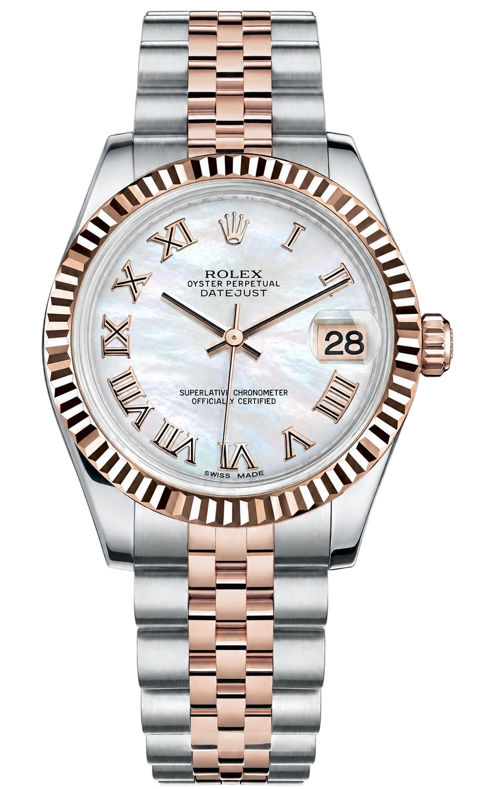 Two-tone Rolex Datejust wristwatch with a fluted rose-gold bezel, stainless steel and rose-gold bracelet, and a mother-of-pearl dial showing Roman numerals and a date window at 3.
