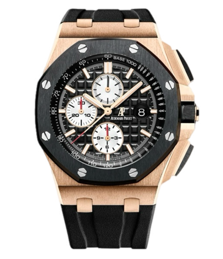 Audemars Piguet Royal Oak Offshore chronograph watch with rose-gold case, black bezel, and black strap; multiple subdials visible.