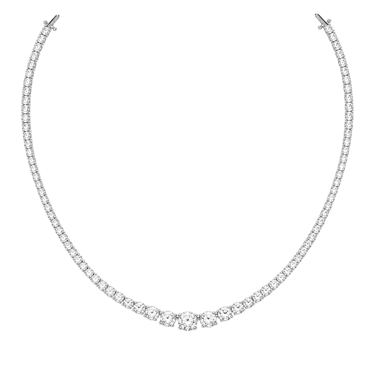 Diamond tennis necklace with a line of round diamonds and secure clasps at both ends