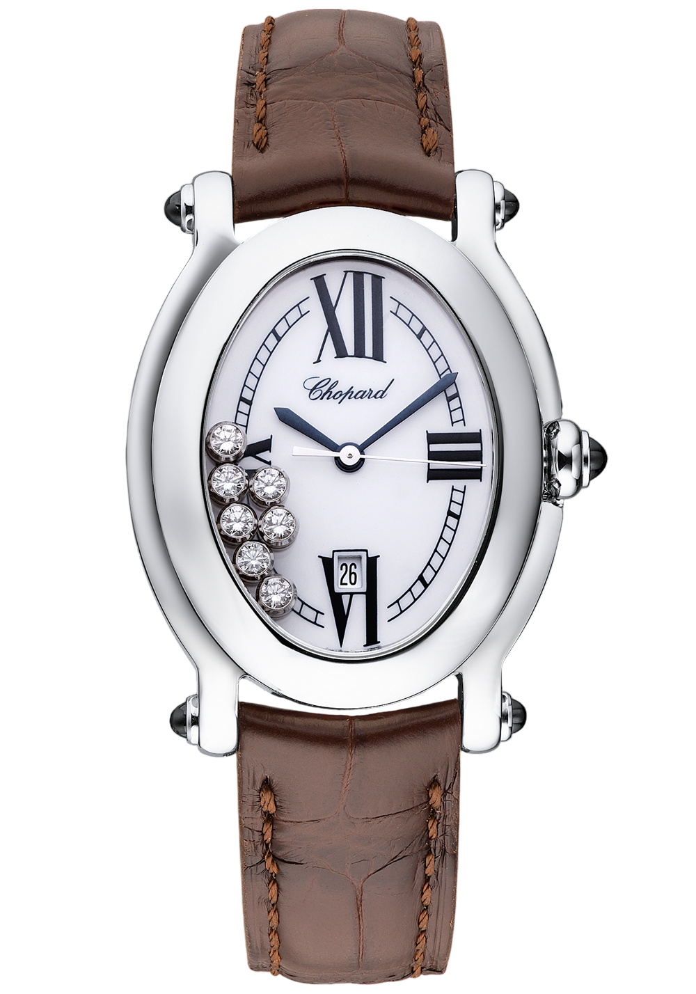 Chopard wristwatch with a white dial, blue hands, Roman numerals, and a cluster of diamonds inside the case on a brown leather strap.