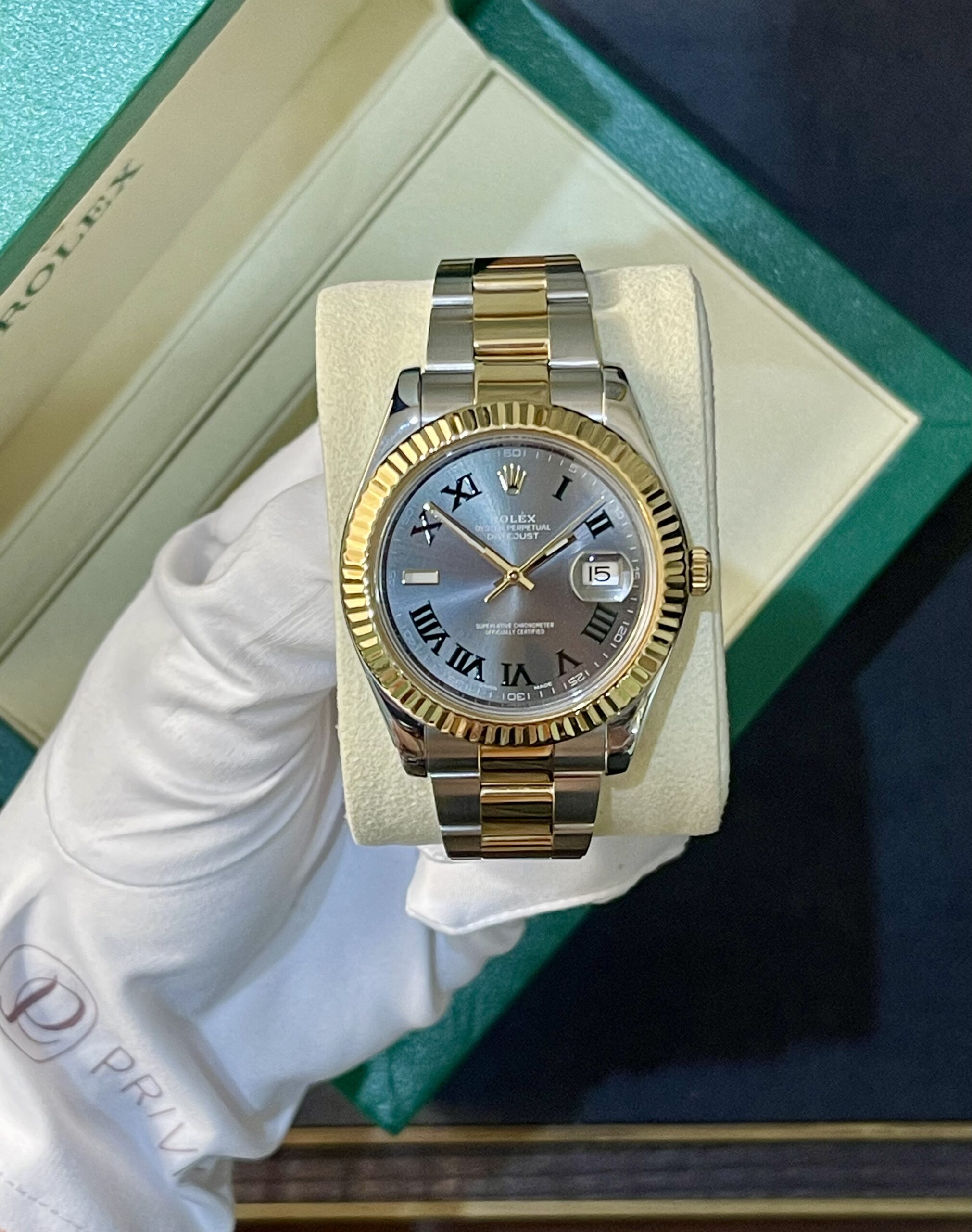 Two-tone Rolex Datejust in green box, silver dial with Roman numerals and date at 3 o'clock (15)