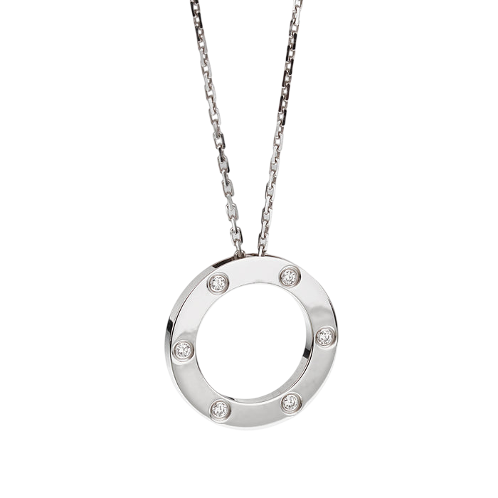 Silver circular pendant with six small diamonds set around the ring, on a delicate silver chain.