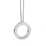 Circular silver pendant necklace with 'LOVE' engraved around the ring on a silver chain