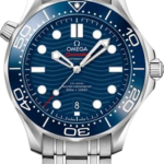 Omega Seamaster Diver 300m stainless steel watch with blue dial, rotating bezel, luminous markers, and date window at 6.