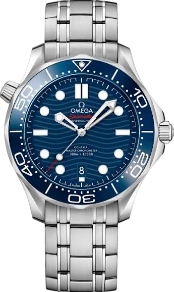 Omega Seamaster Diver 300m stainless steel watch with blue dial, rotating bezel, luminous markers, and date window at 6.