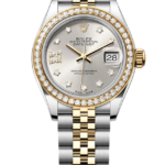 Rolex two-tone Datejust with diamond bezel and diamond hour markers on a silver dial, date window at 3 o'clock.