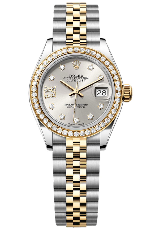 Rolex two-tone Datejust with diamond bezel and diamond hour markers on a silver dial, date window at 3 o'clock.