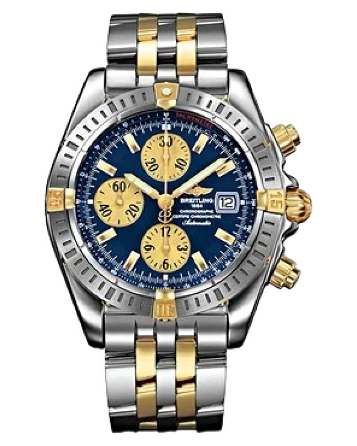 Two-tone Breitling chronograph watch with a blue dial and gold subdials